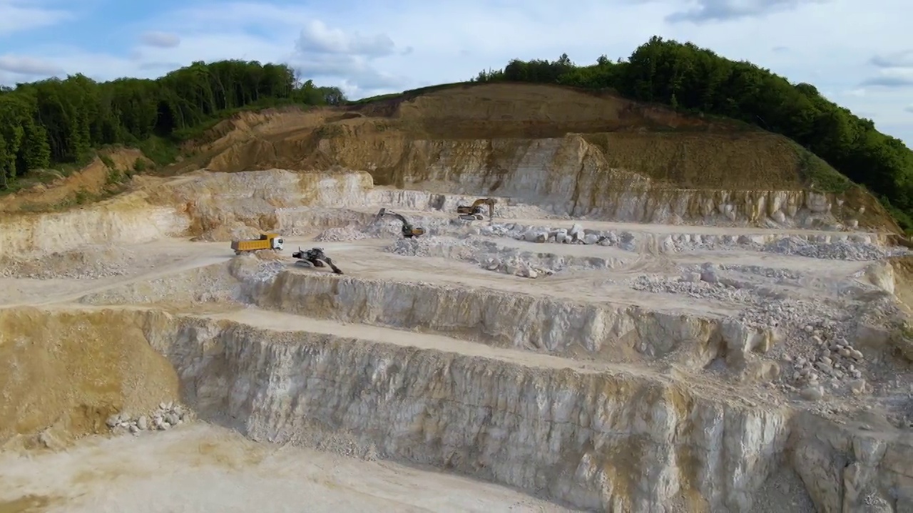 露天开采建筑砂石材料用挖掘机和自卸卡车视频素材