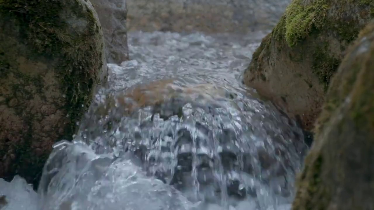 秋水在山林中慢悠悠地流着，树是黄红相间的视频素材