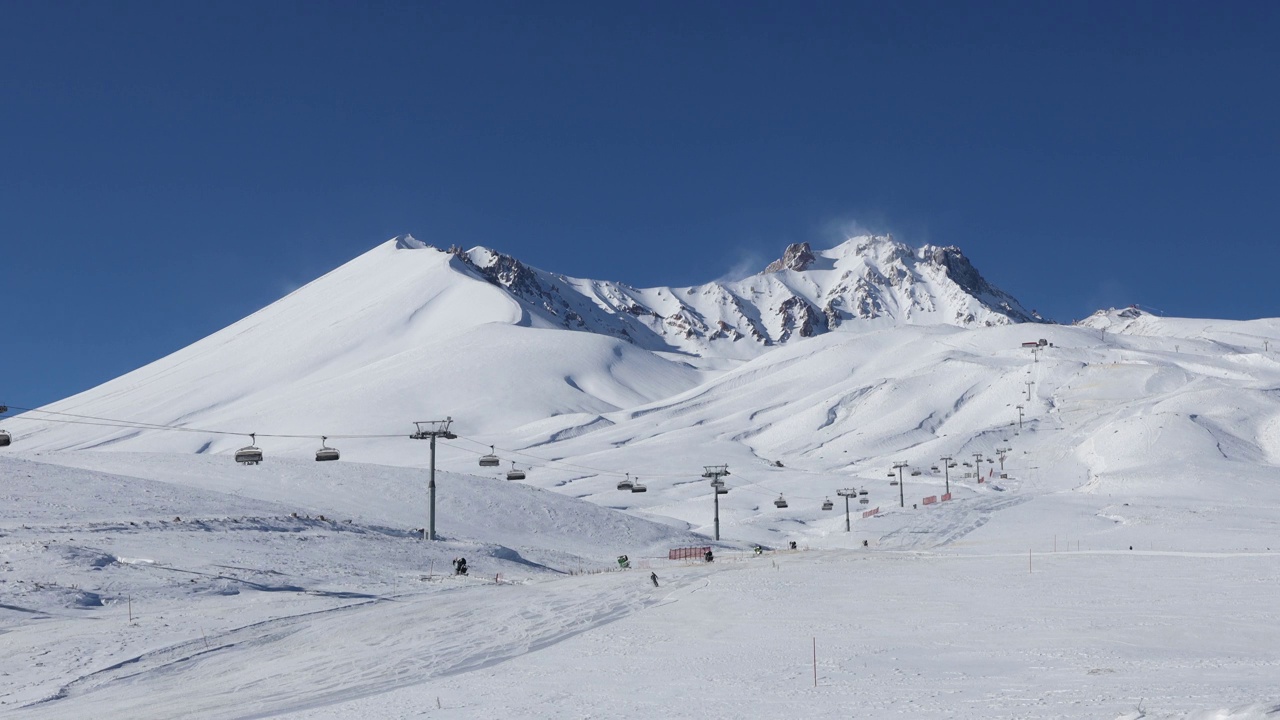 从东面观赏厄西耶山景，有滑雪者和滑雪缆车视频下载