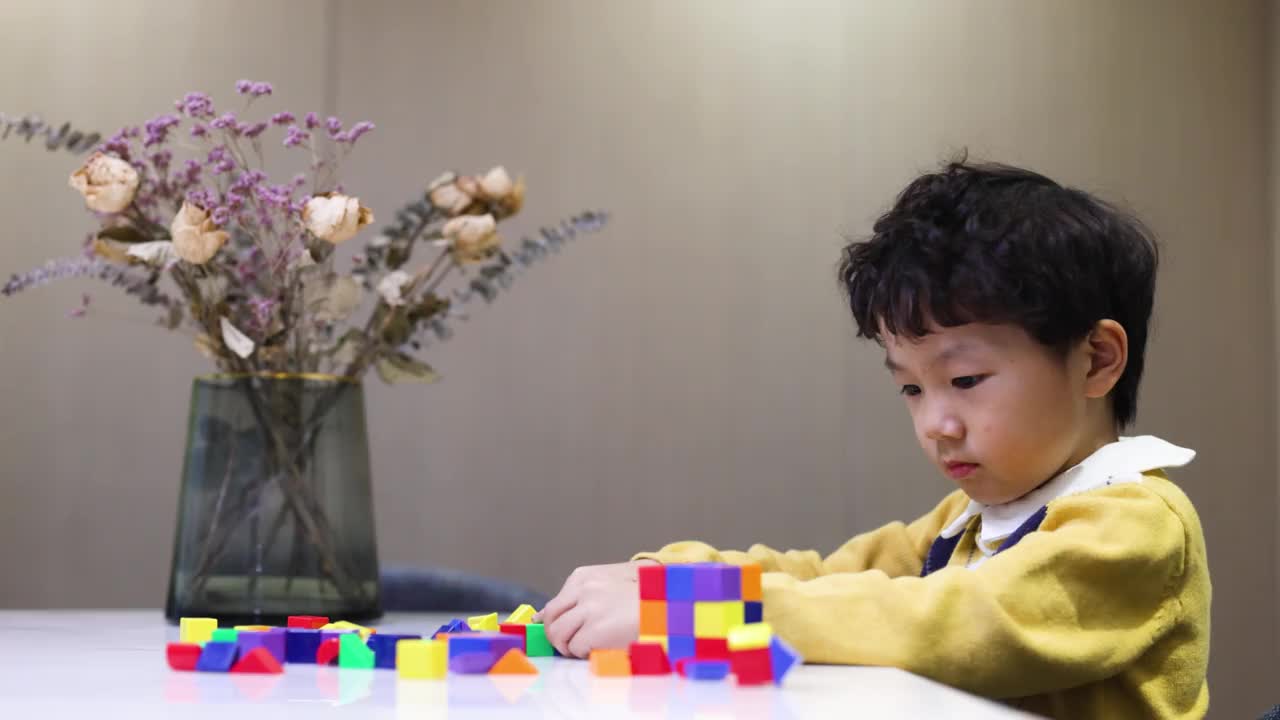 这个小男孩正在家里玩积木视频素材