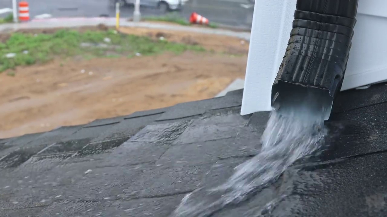 在雨季从屋顶滴下的雨水上工作的排水沟。视频素材