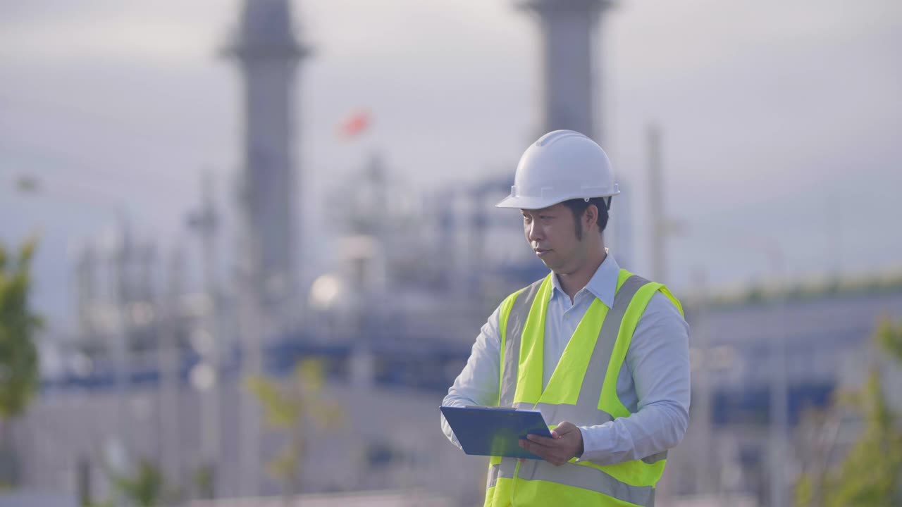 男工程师和亚洲工人在工业工厂工作讨论视频素材