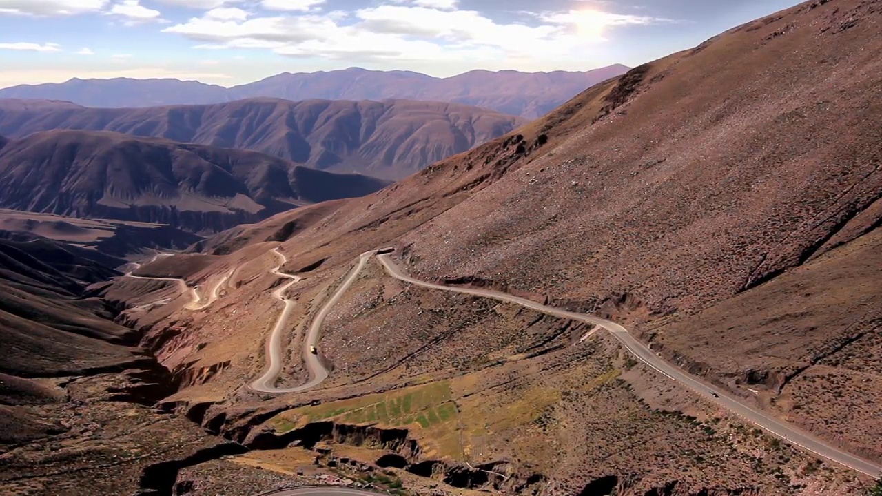 阿根廷Jujuy, Purmamarca西部的Cuesta de Lipan (Lipan Slope) 52号公路，安第斯山脉之间的蜿蜒道路。4K分辨率。视频素材