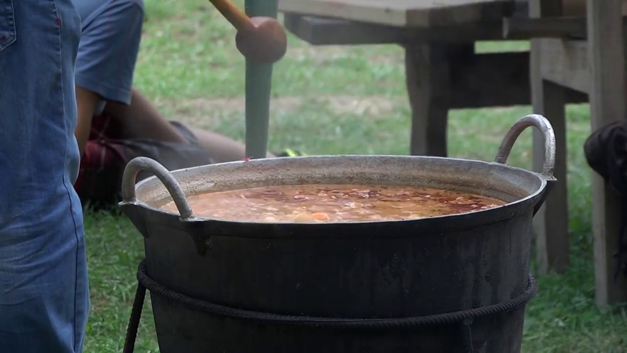 蒸汽从锅里冒出来，厨师在锅里煮肉片和土豆，同时加入香料视频素材