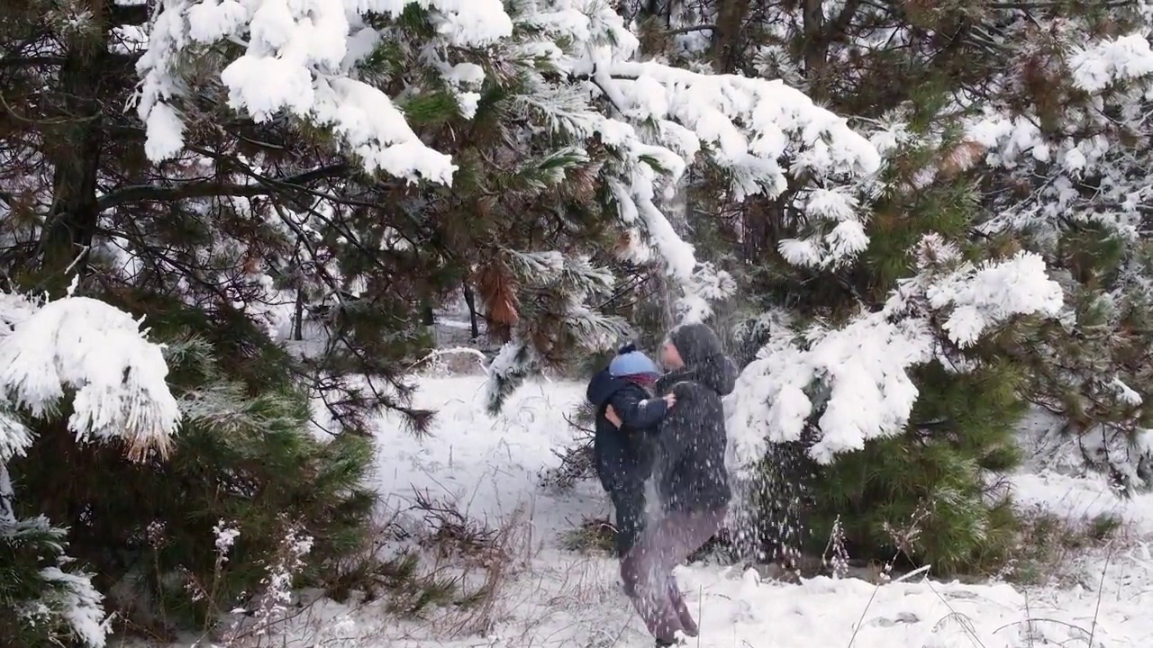 一位父亲抛下他的儿子，在冬天积雪的森林里度过时光视频素材