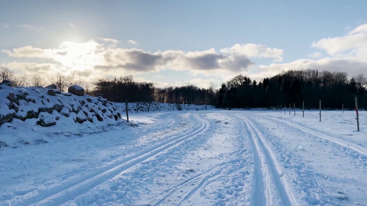 瑞典乡村的冬季景观，有雪地里的越野滑雪道视频素材