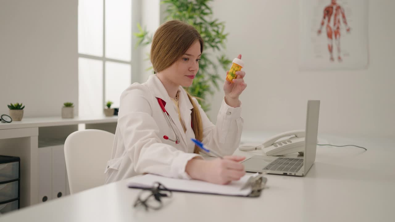 年轻的金发女人穿着医生的制服在诊所开药丸视频素材