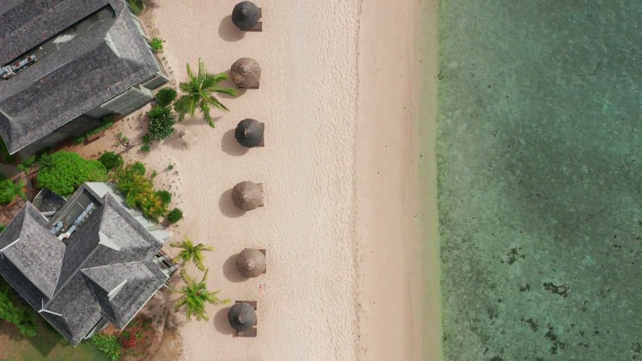 美丽的海岸线鸟瞰图，印度洋。棕榈树，海滩上的旅馆视频素材