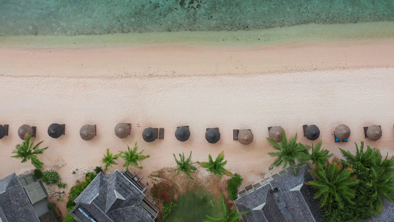 美丽的海岸线鸟瞰图，印度洋。棕榈树，海滩上的旅馆视频素材