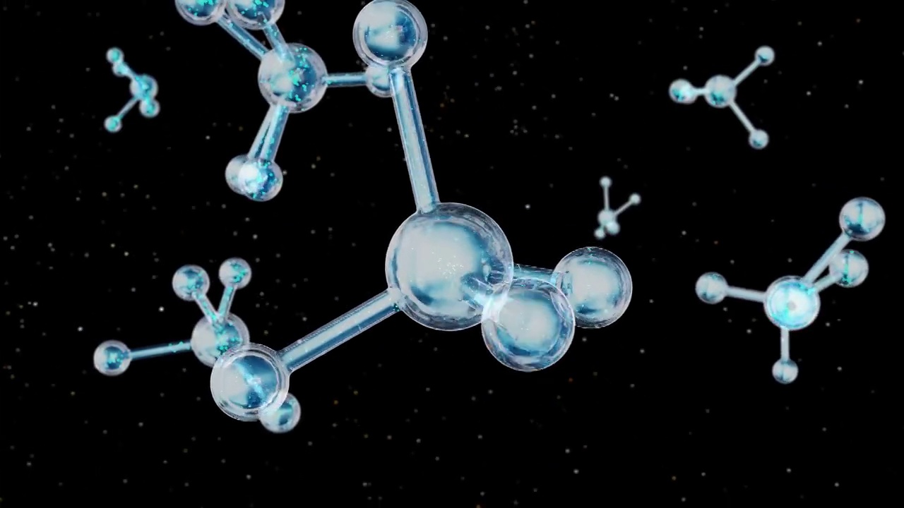 分子或血清或原子，血清液体霜，胶原蛋白透明晶体优质血清和维生素皮肤护理，科学或医学背景的抽象结构，示意图氢，水，3d渲染视频素材