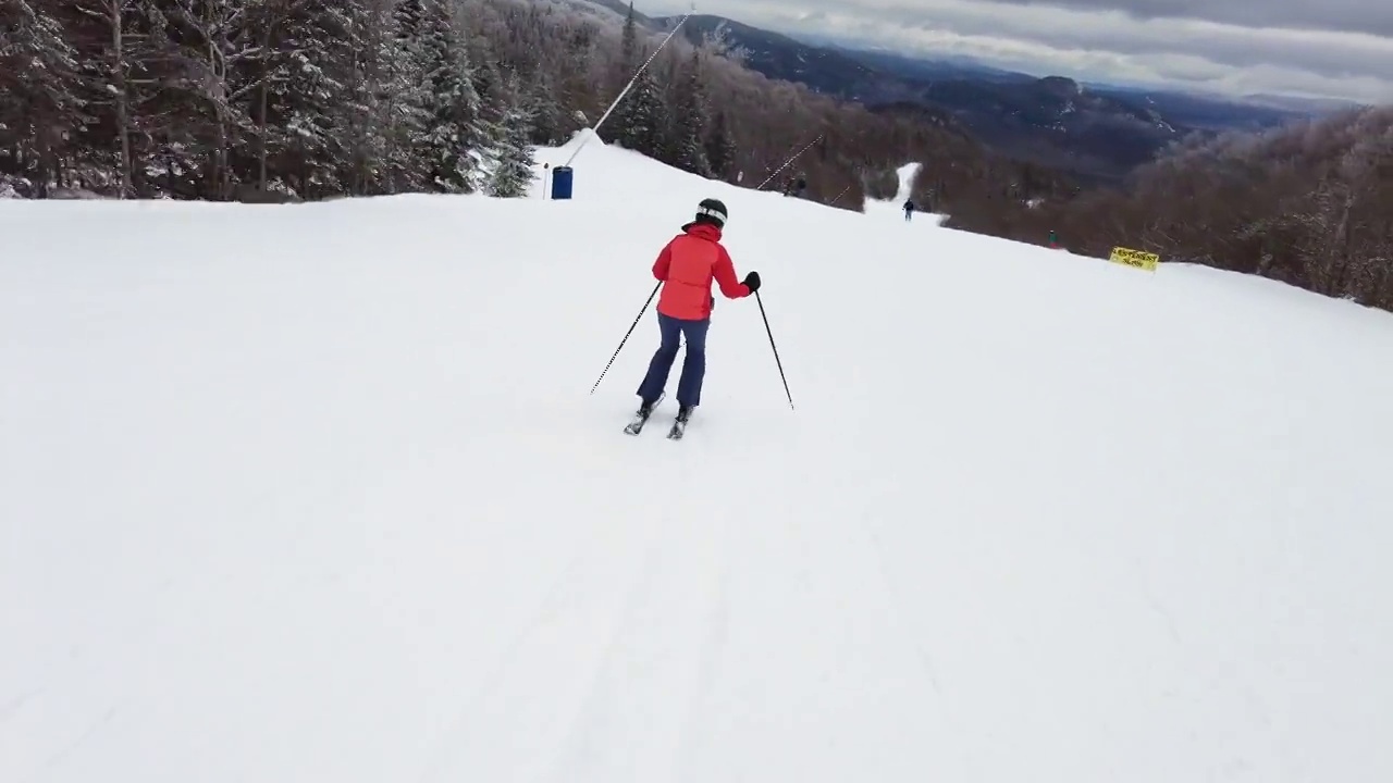 高山滑雪。滑雪女子滑雪者在雪覆盖的树的背景下坡在冬天穿着红色滑雪服的女子。加拿大魁北克的特伦布兰特山视频素材