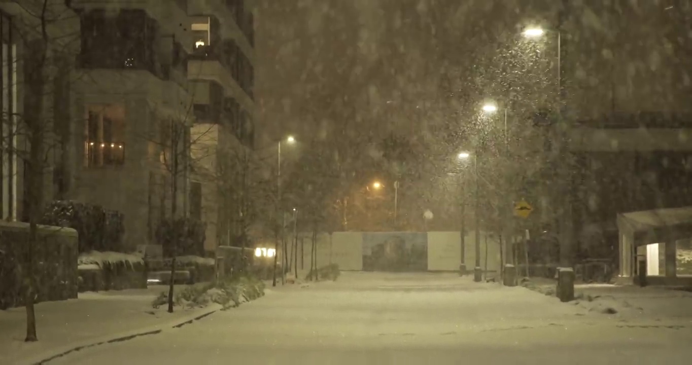 储存温哥华夜晚暴风雪的城市景观镜头视频下载