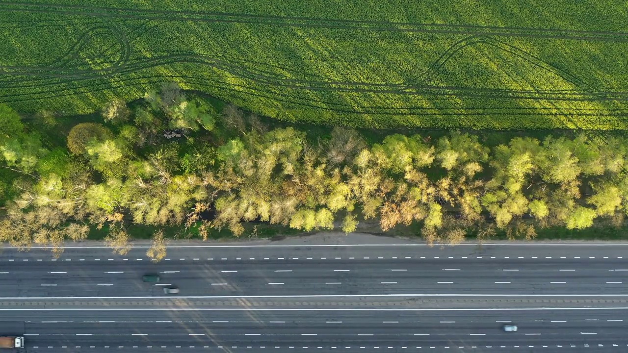 高速公路上的交通通过森林深处鸟瞰。视频下载