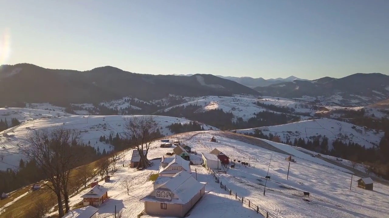 鸟瞰乌克兰喀尔巴阡山脉，冬天白雪覆盖的山坡上散落着房屋视频素材