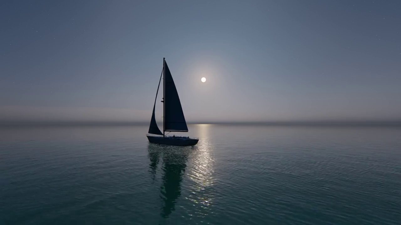 游艇夜间在公海上航行。天空照耀着海湾里的一艘帆船。视频素材