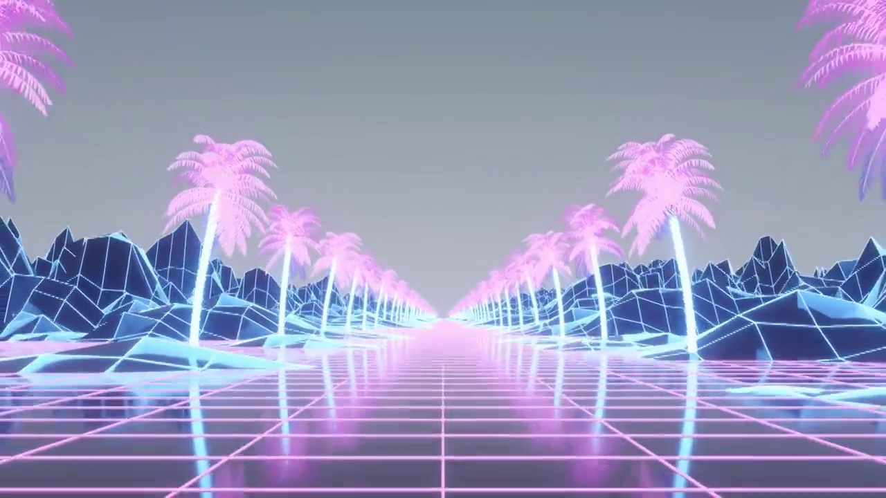 复古Synthwave背景。摄像机沿着合成波线框网移动视频素材