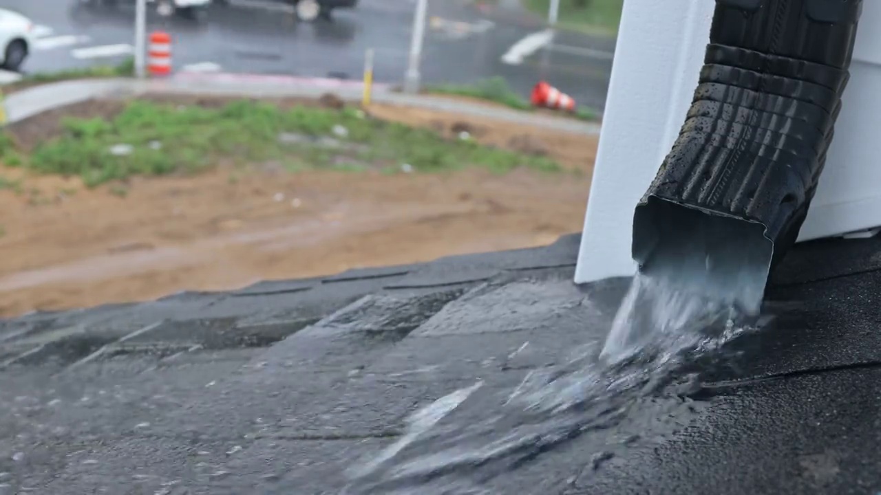 大雨滂沱的雨季，雨水落在屋顶的排水沟上视频素材