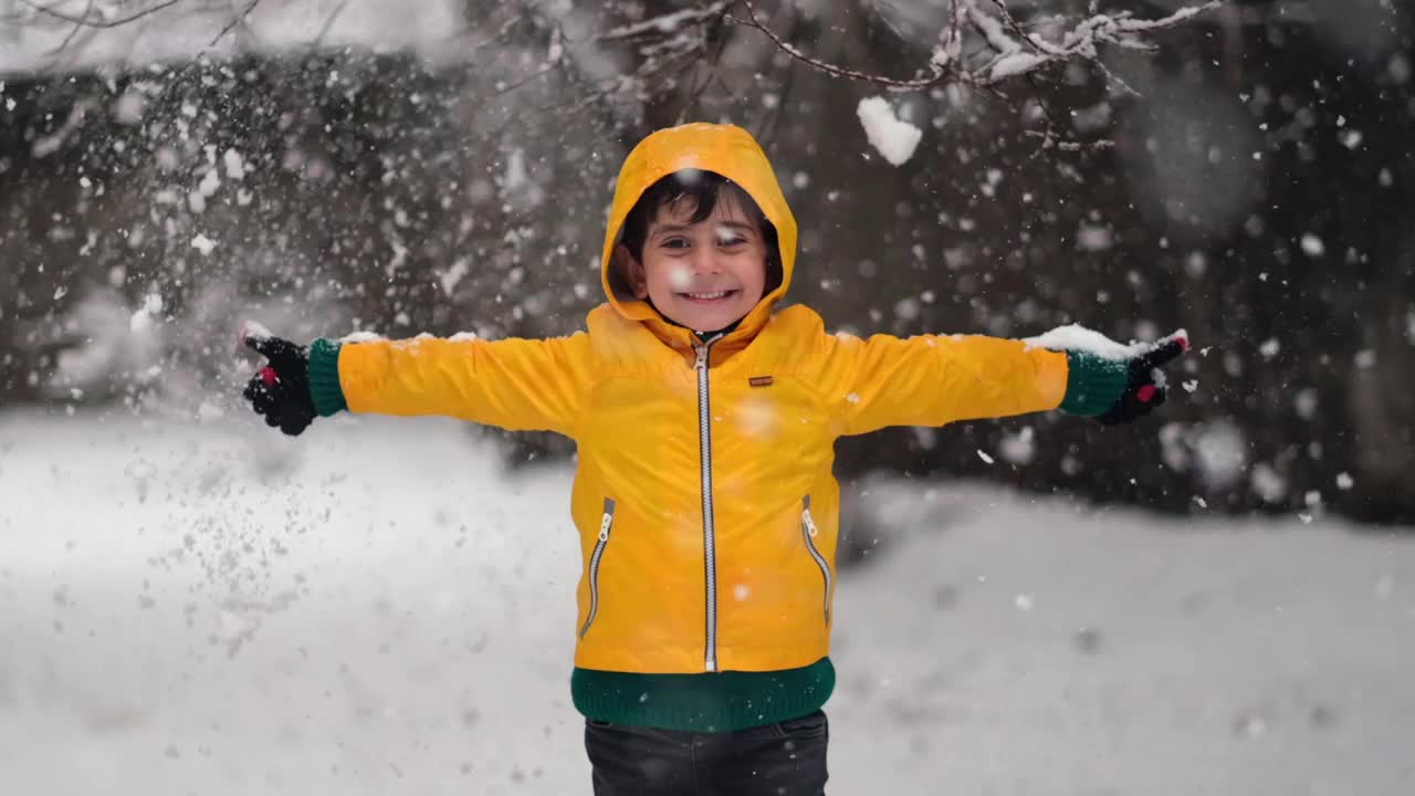 穿着黄色冬衣的滑稽小男孩在下雪时行走。儿童冬季户外活动。视频素材