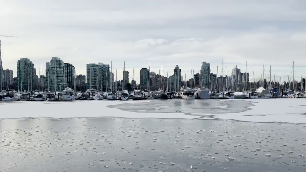 煤港的冰冻码头与船只。温哥华暴风雪和极端寒冷天气视频素材