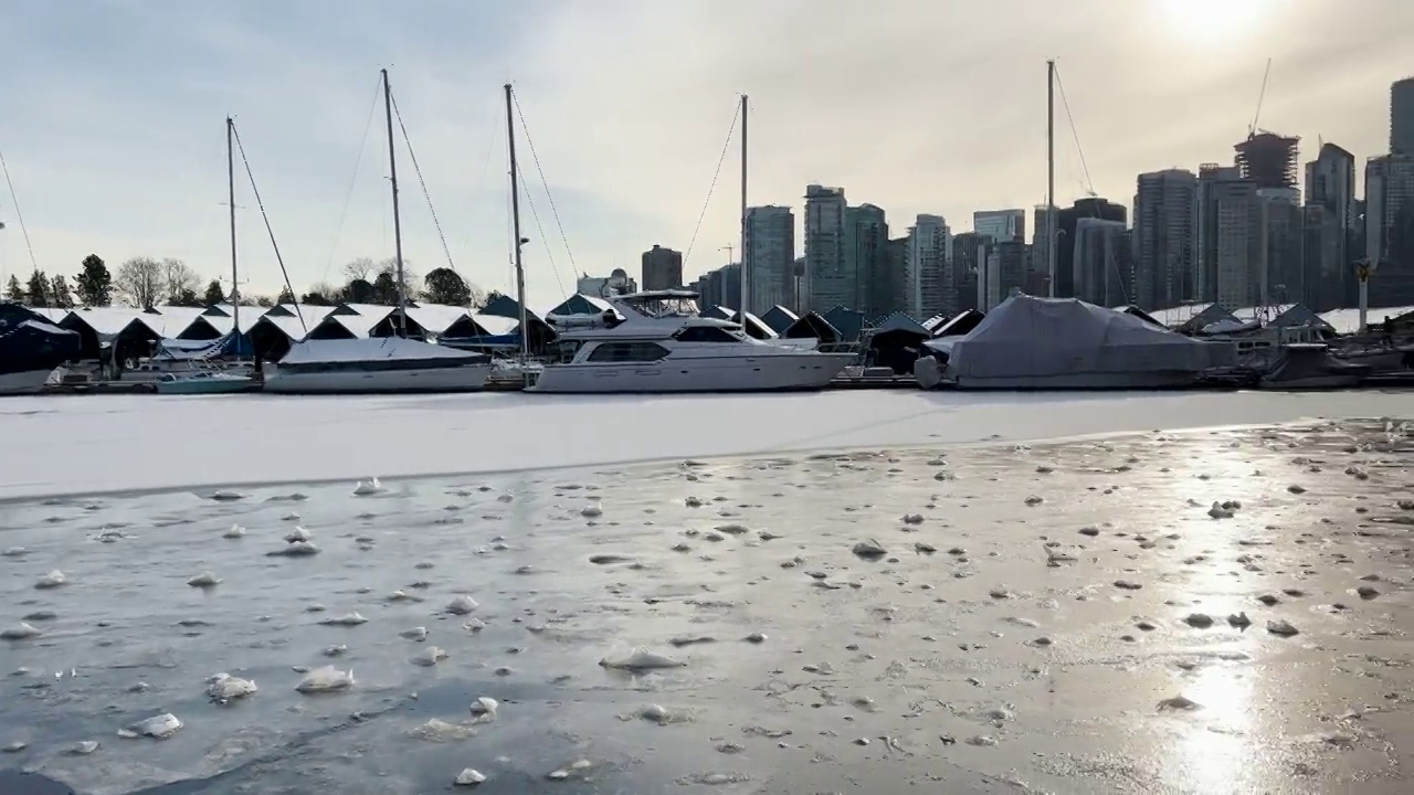 煤港的冰冻码头与船只。温哥华暴风雪和极端寒冷天气视频素材