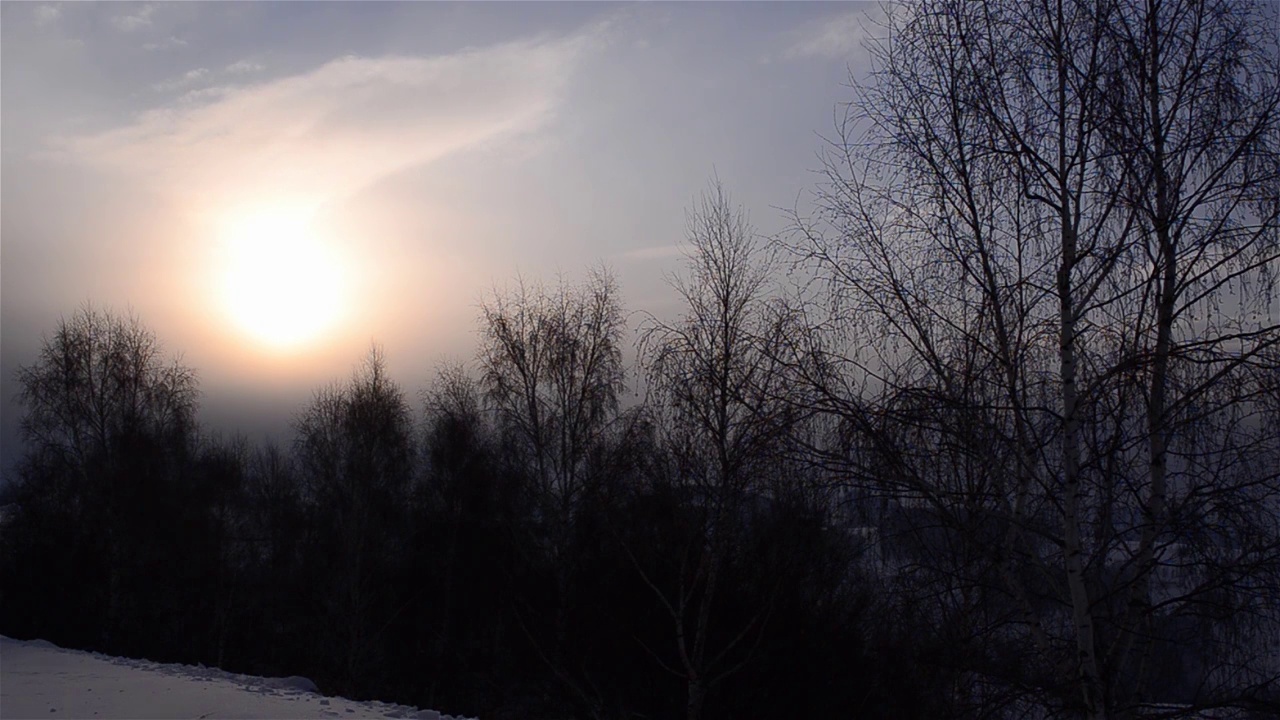 夕阳越过白雪覆盖的山丘和山谷，光秃秃的树木寒冷视频素材