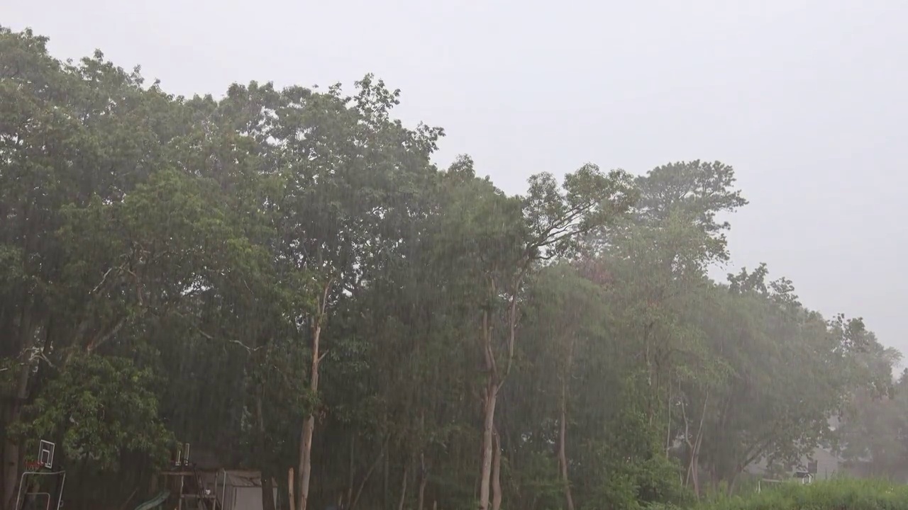 强烈的热带雨落在屋顶上，倾盆大雨冲刷着屋顶视频素材