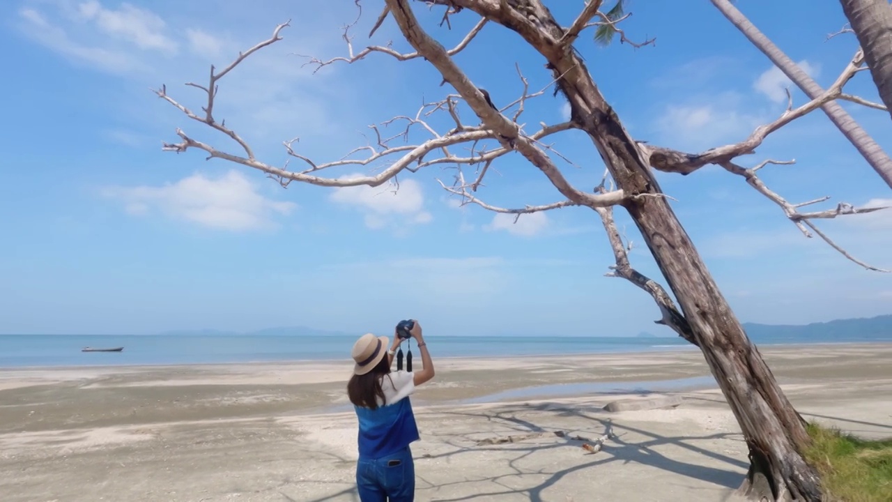 亚洲妇女在海边旅行的背景。视频素材