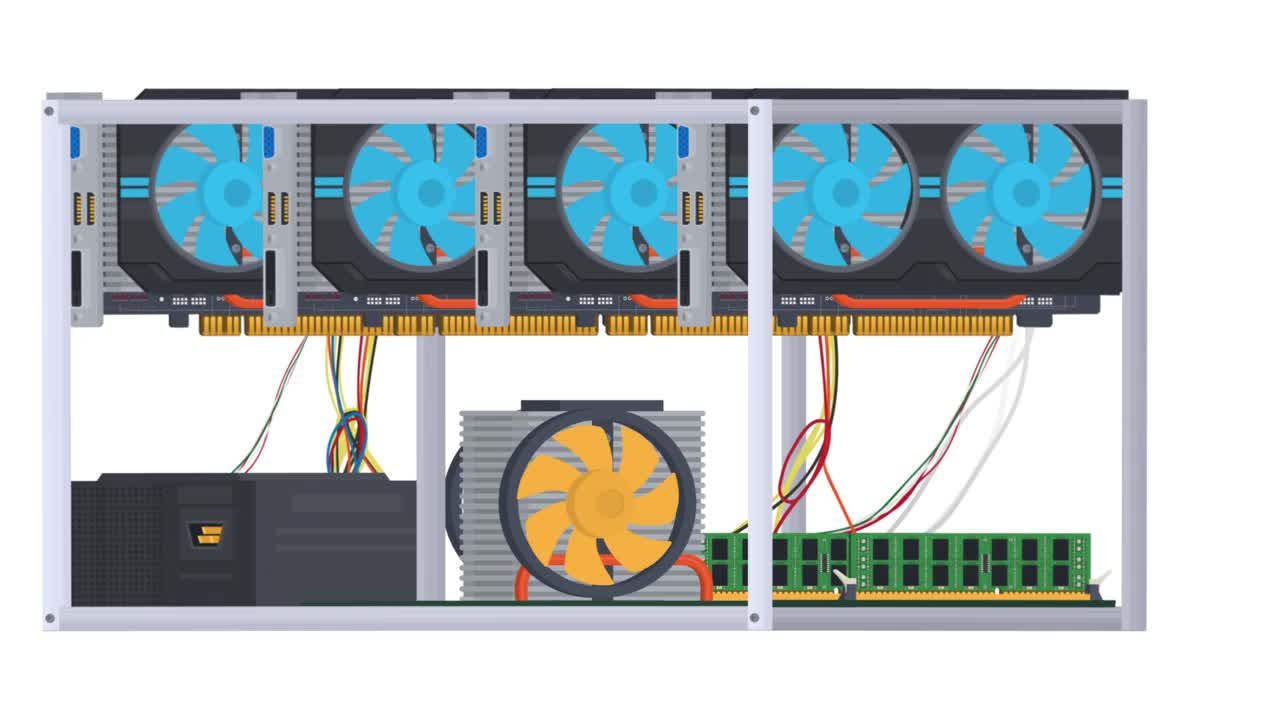 矿业农场。加密货币挖掘视频卡的动画。卡通视频素材