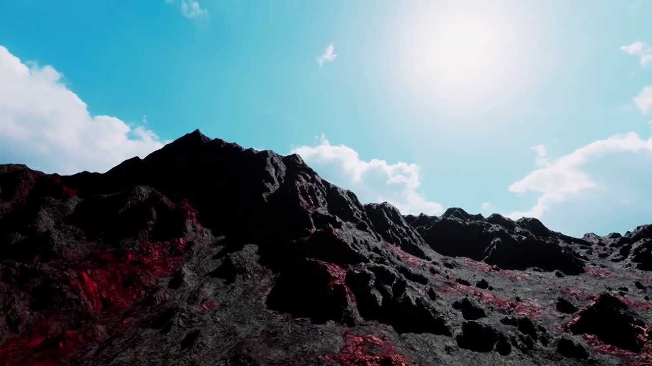 从空中俯瞰火山山脉的山峰和充满湖泊的山谷，熔岩和岩浆流留下了疤痕视频下载