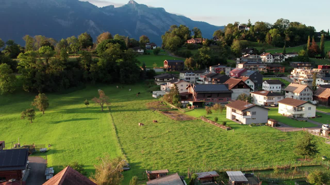 列支敦士登的鸟瞰图，阿尔卑斯山山谷中绿色田野上的房屋视频素材
