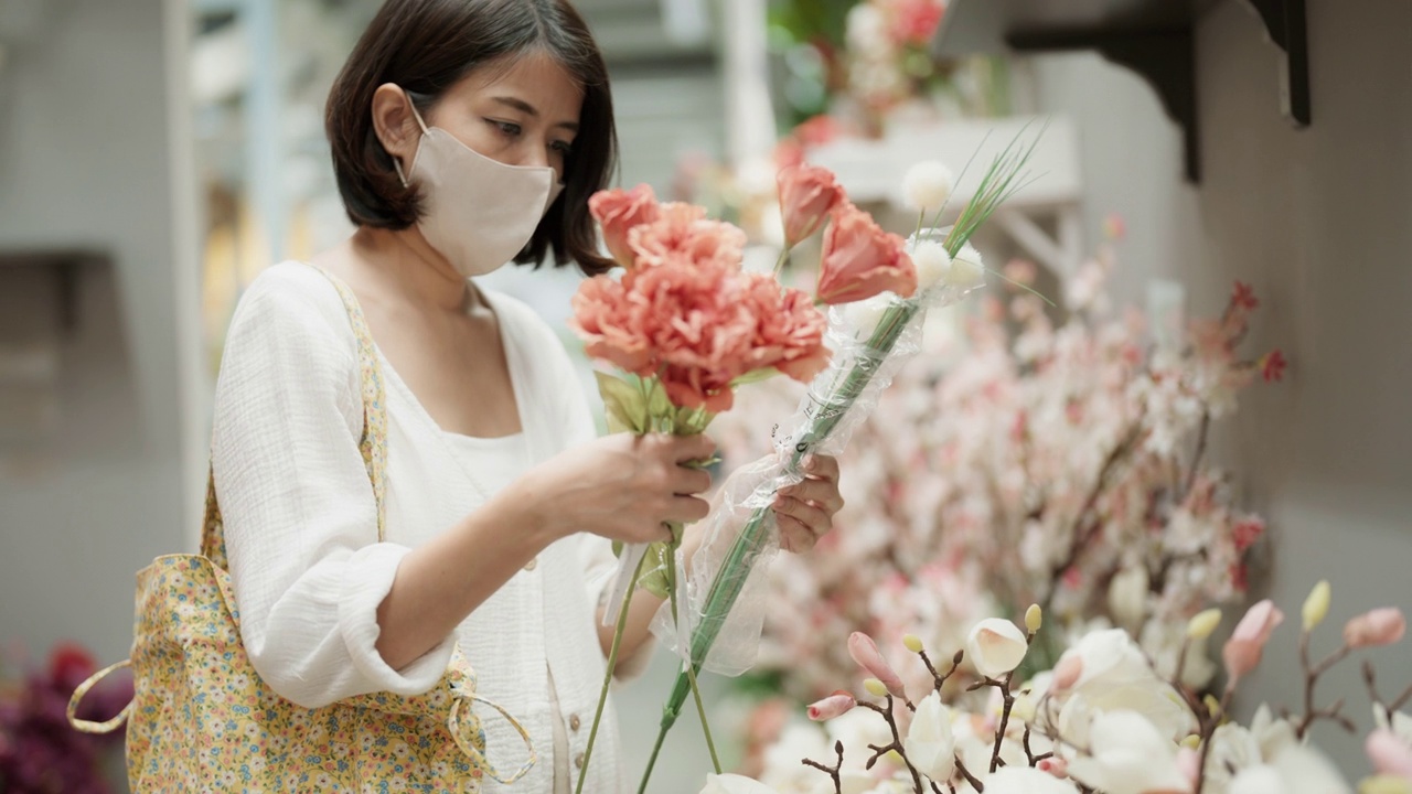 亚洲女花商准备一束花。视频素材