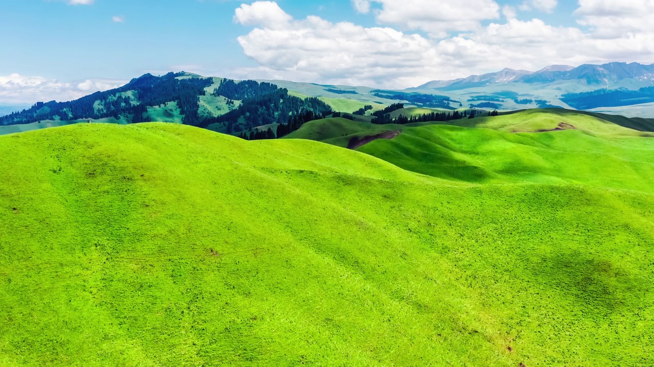 空中拍摄的新疆那拉提草原上的绿草和山地景观。视频素材