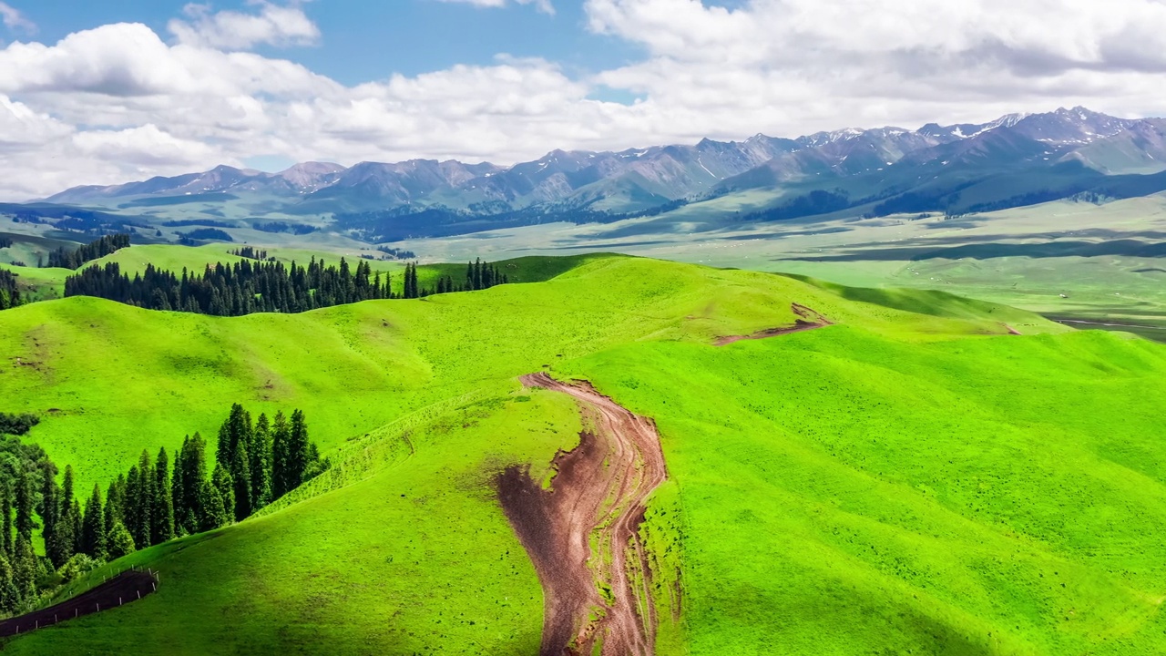 空中拍摄的新疆那拉提草原上的绿草和山地景观。视频素材