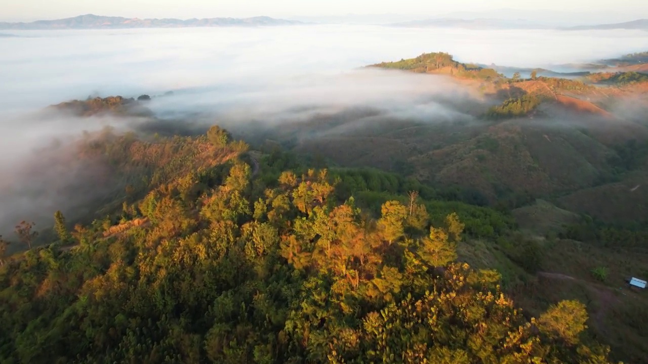 从无人机俯瞰山脉和雾海的4K鸟瞰图。金色的日出风景，南，泰国视频素材