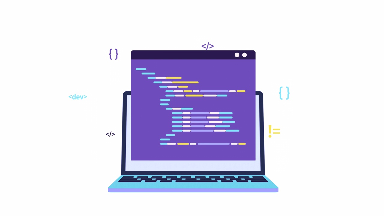 编程和网页开发动画。笔记本电脑与电脑代码屏幕。编程语言，编写程序代码。HTML网页代码输入。卡通设计素材视频素材
