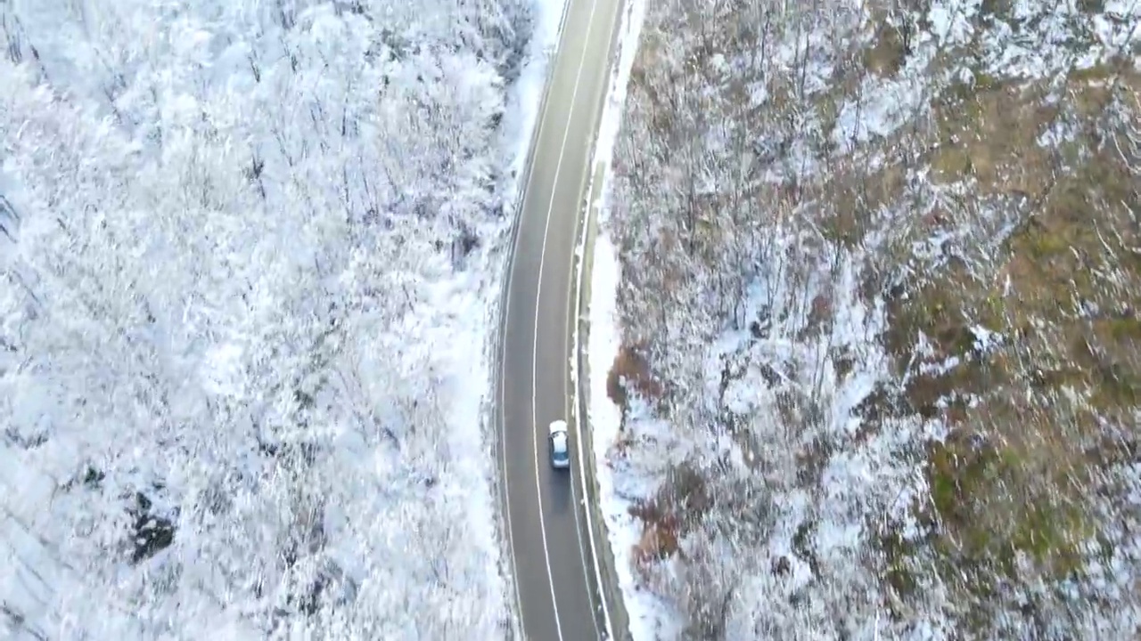 汽车行驶在通往森林的雪路上视频素材