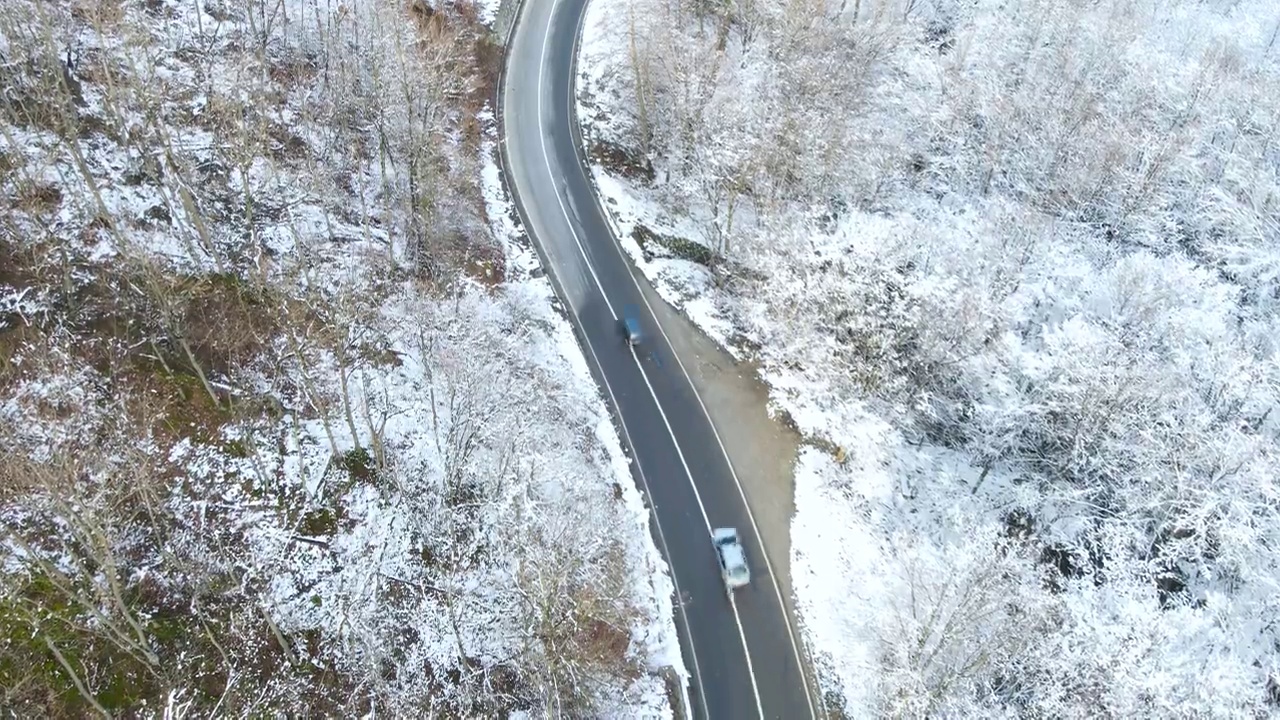 白雪皑皑的森林中，繁忙的高速公路视频素材