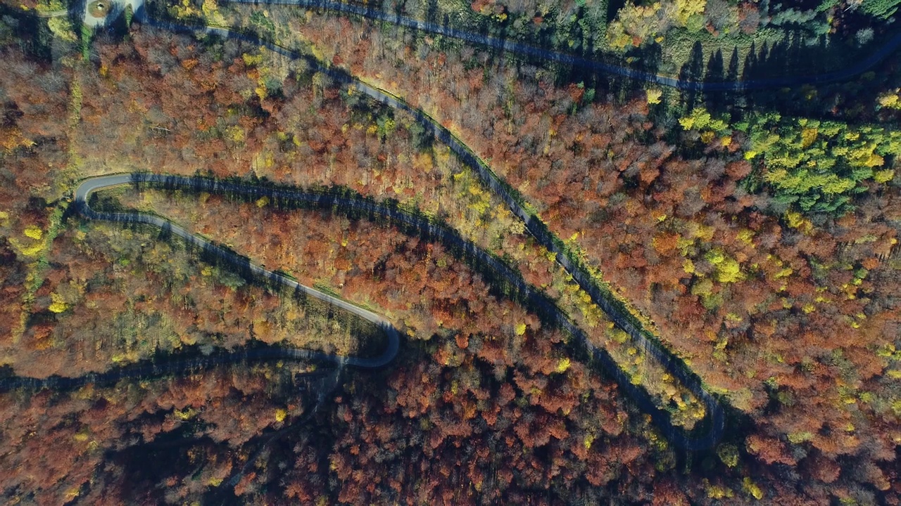 鸟瞰高山蜿蜒的道路穿过五彩缤纷的森林。9、山清水秀，秋高气爽，路过林间。史诗般的无人机镜头高速公路在野外的风景。视频素材