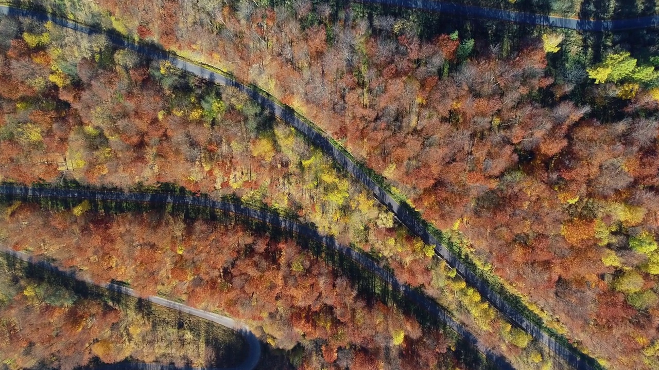 鸟瞰高山蜿蜒的道路穿过五彩缤纷的森林。9、山清水秀，秋高气爽，路过林间。史诗般的无人机镜头高速公路在野外的风景。视频素材