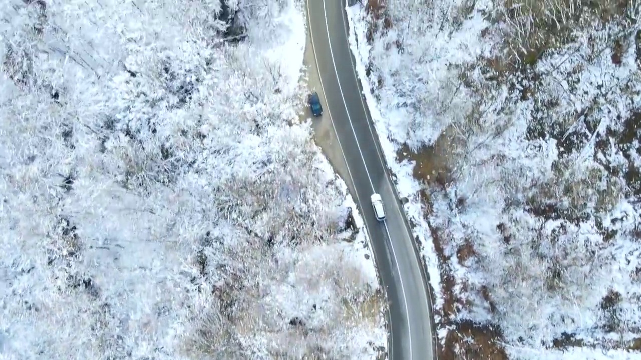 鸟瞰图的冬季道路与汽车和积雪覆盖的森林视频素材