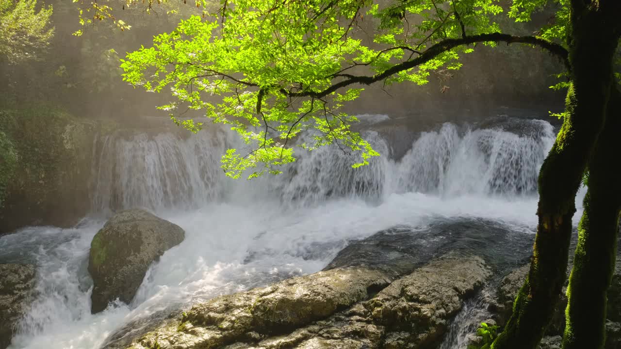 美丽的自然景观，瀑布和绿色的树在背光视频素材