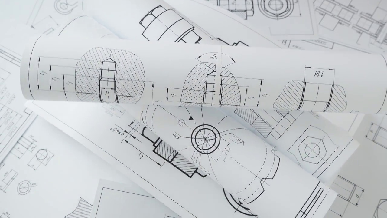 工业零件和机械的纸质工程图纸视频素材