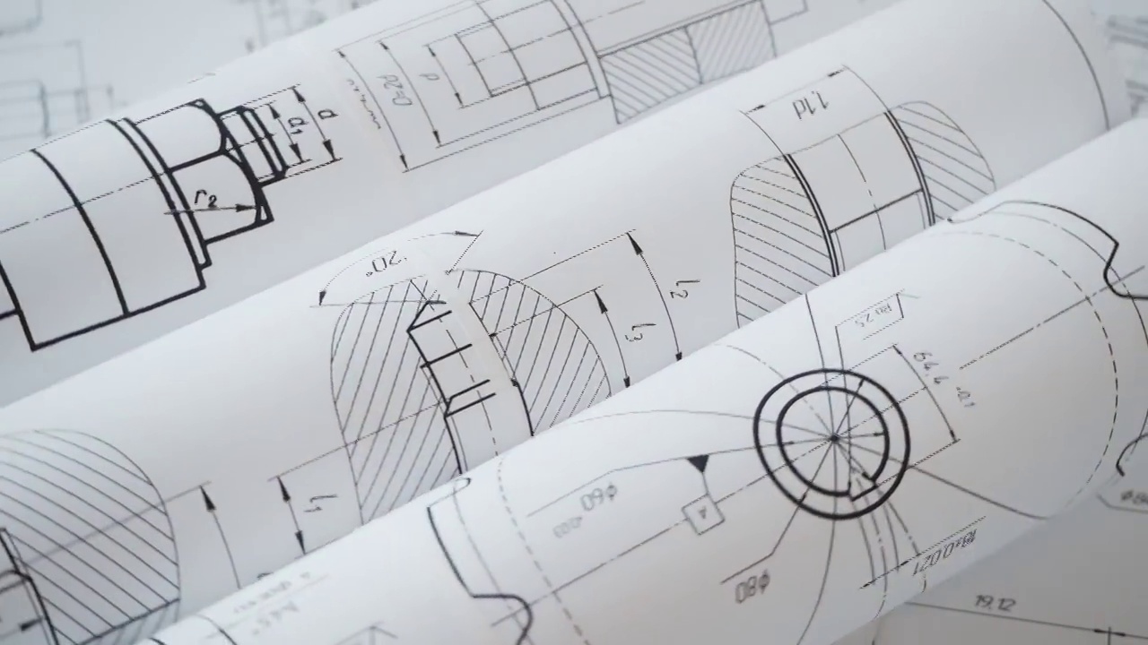 工业零件和机械的纸质工程图纸视频素材