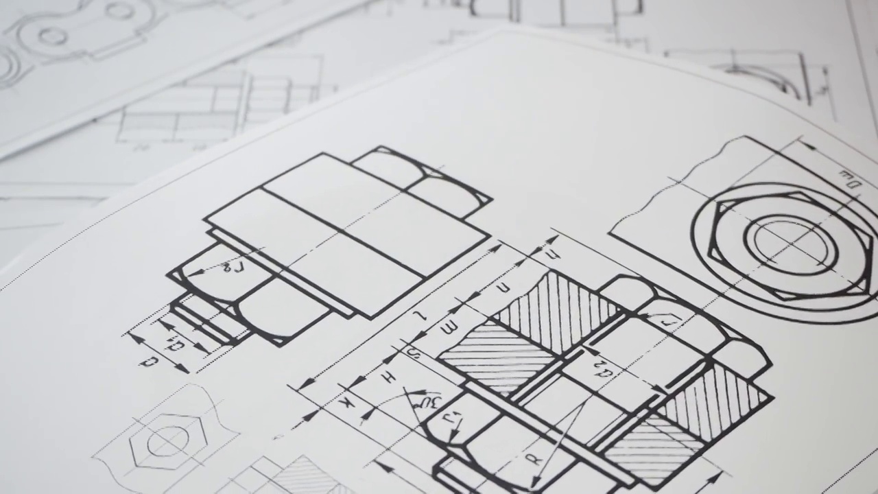 工业零件和机械的纸质工程图纸视频素材