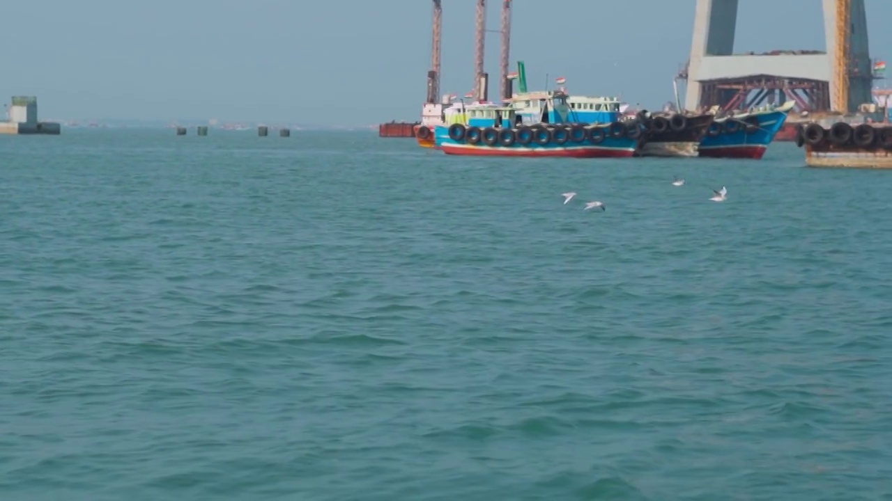 在印度古吉拉特邦奥卡的阿拉伯海，海鸥在船只前飞翔视频素材