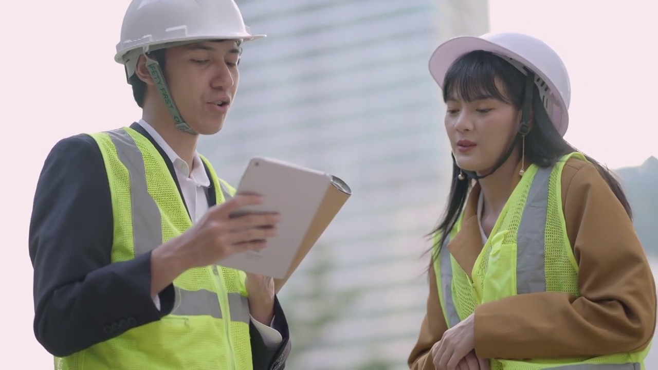 商业女性与男性土木工程师或建筑建筑师讨论在平板电脑上设计建筑风格和施工场地。业主在市区现场检查项目进度。在房地产行业工作的工人。视频素材