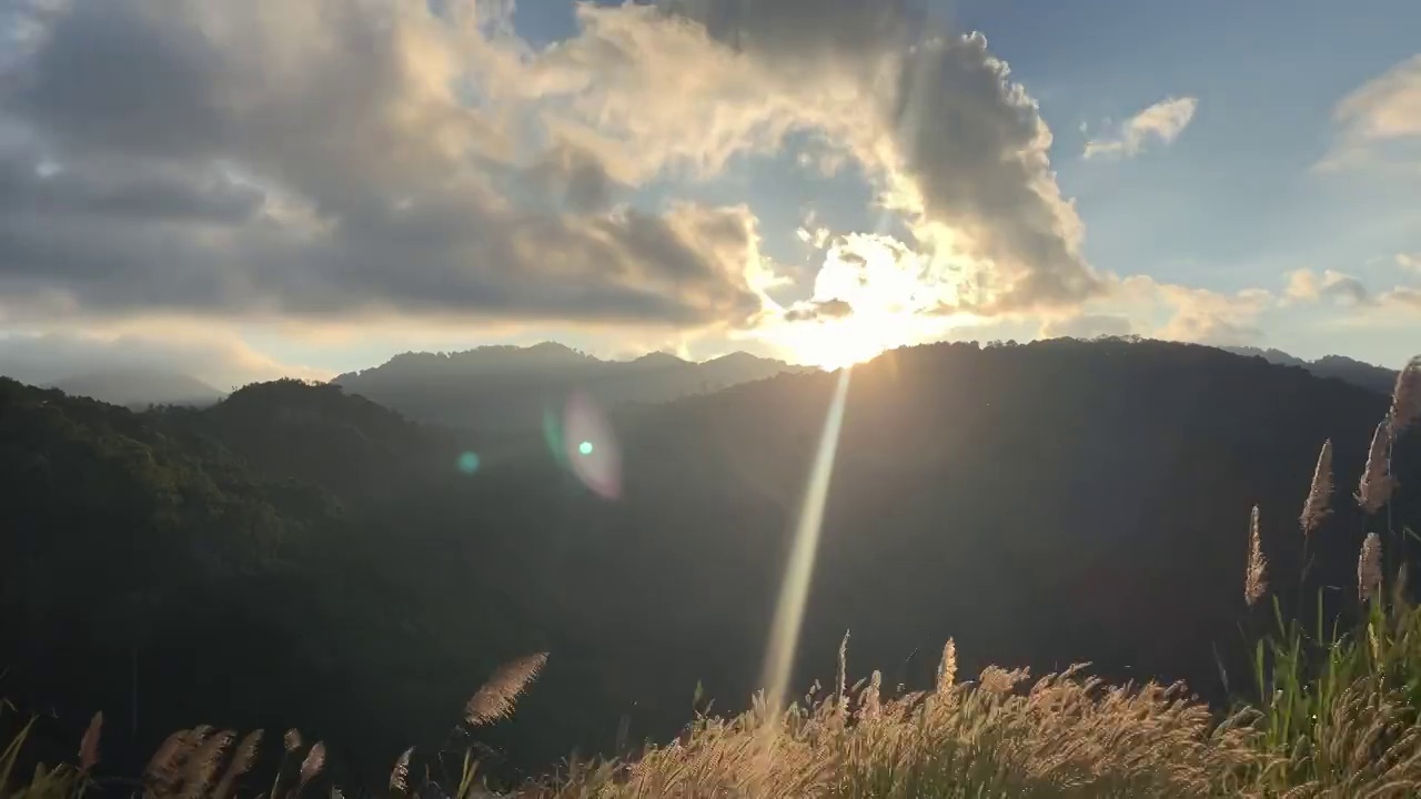 落日余辉，美丽的热带山谷山间。夕阳的最后一缕余晖照在草地和树林上。视频素材