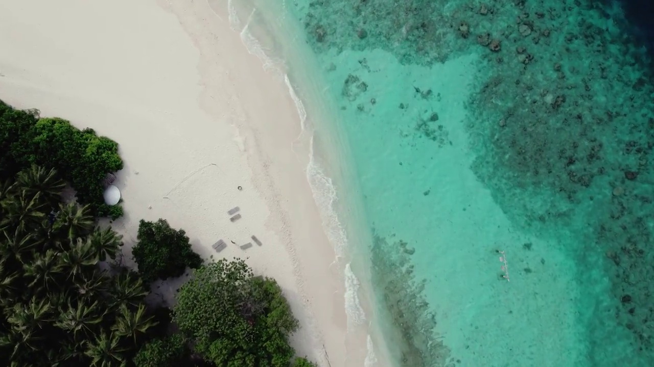 空中俯瞰热带天堂海滩。接近地面。岛和马尔代夫。顶级旅游目的地，最佳潜水浮潜视频素材