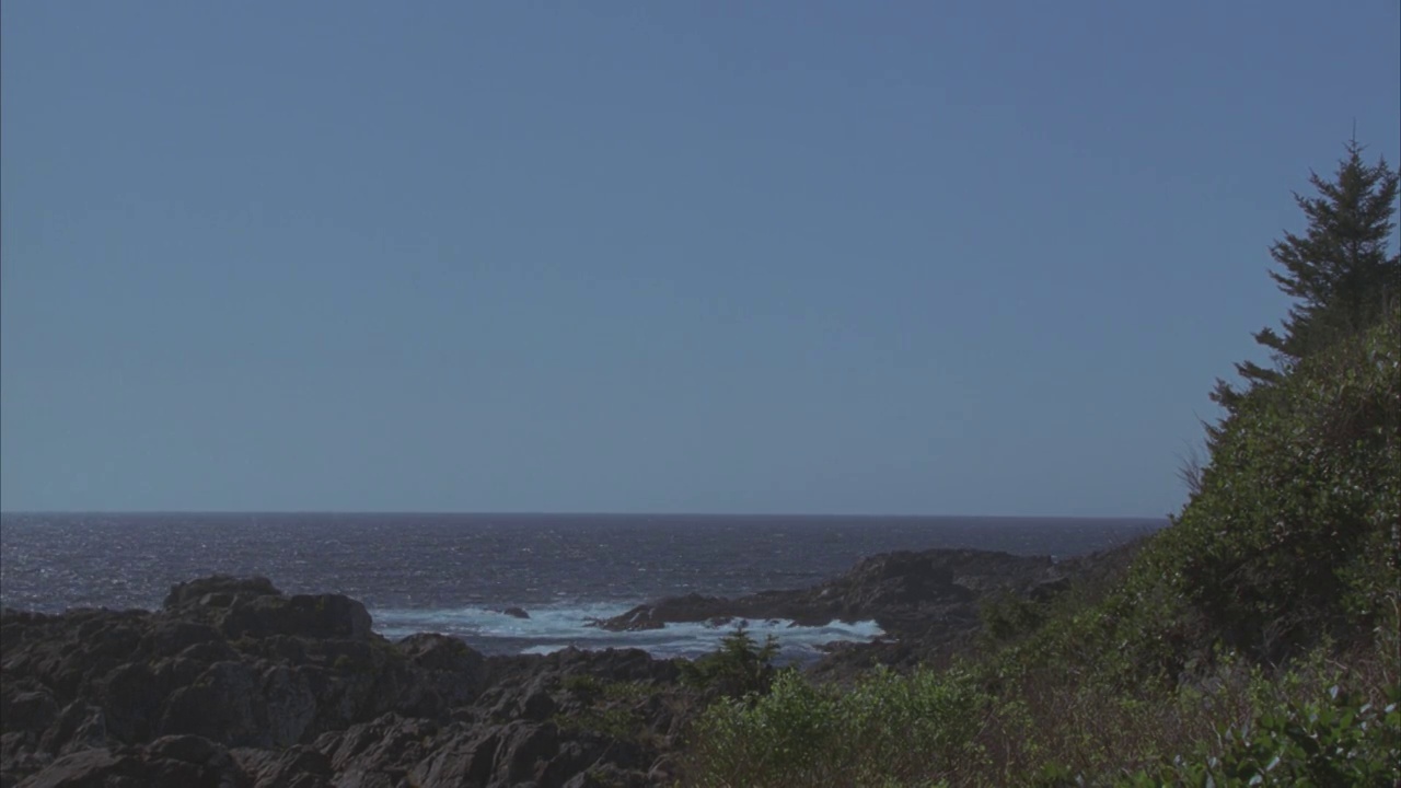 宽角海岸线崎岖不平。海浪拍打着岩石。长满植物的山坡。视频素材