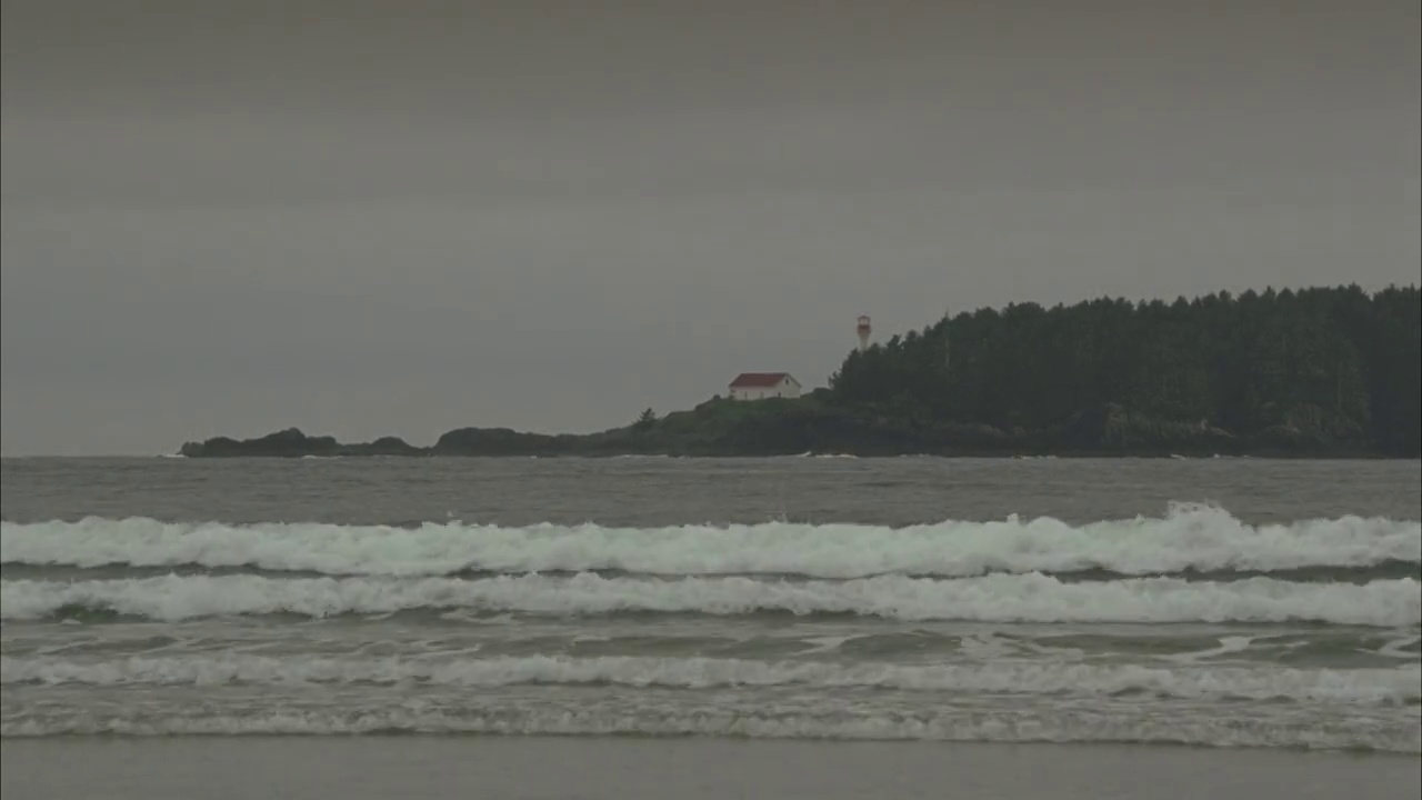 岬角或小岛上的阿特金森广角灯塔。海湾、湖泊或海洋。波浪拍打着海岸或海岸。丛林中的树木或树林。阴暗的天空。视频素材